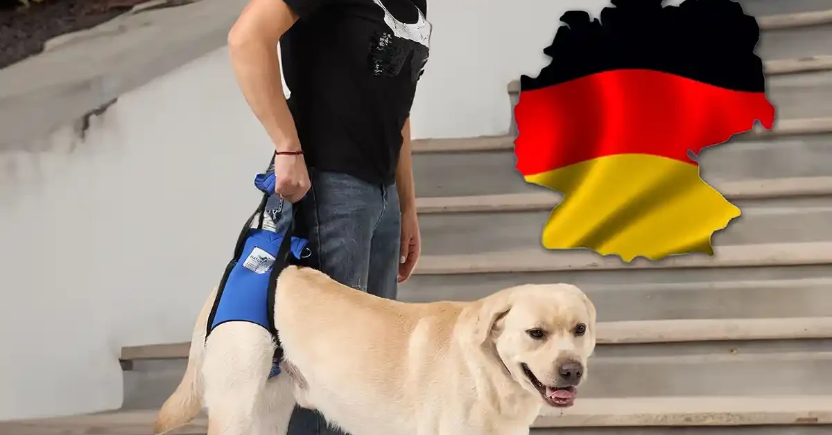 Frau mit Hund und angelegter Tragehilfe von Nature pet auf der Treppe