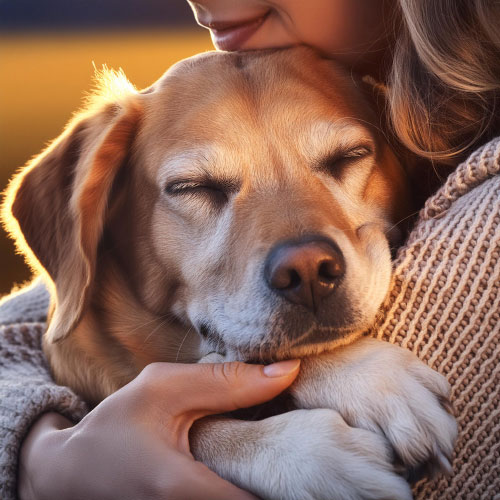 Hund beim Kuscheln mit Frauchen